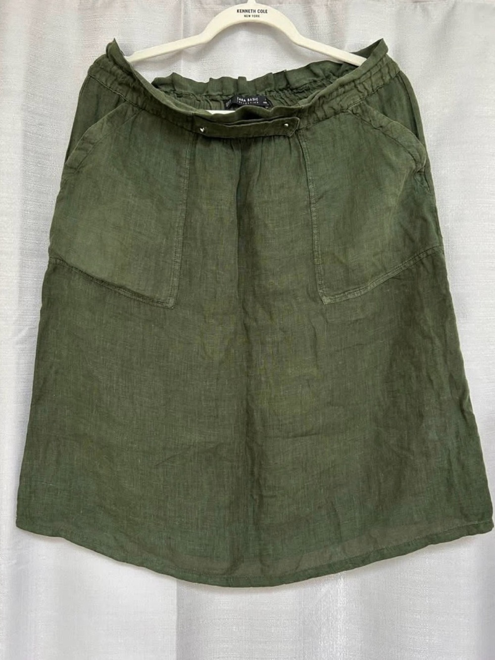 Zara Olive Green Linen A-Line Skirt with Front Pockets